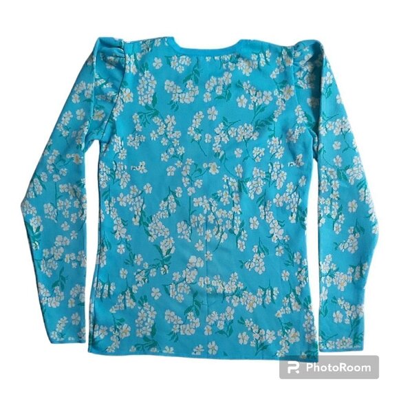 Savida Women's Light Blue Floral Ruched Shoulders Jersey Shirt - Size Small - Picture 2 of 8